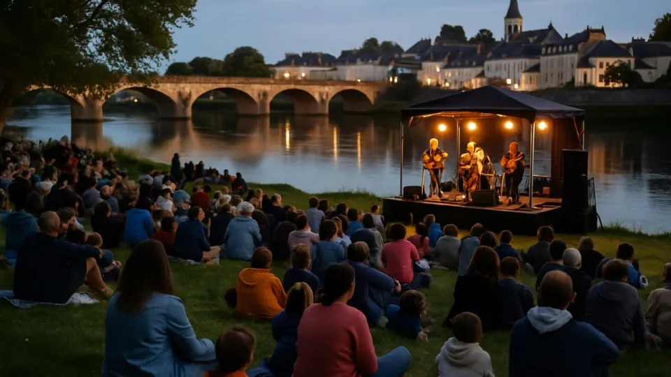 Concert du soir sur l’herbe au bord de la Loire, familles assises devant la petite scène