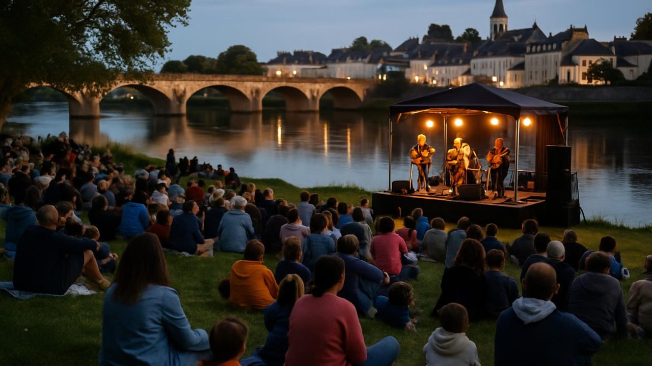 Concert du soir sur l’herbe au bord de la Loire, familles assises devant la petite scène