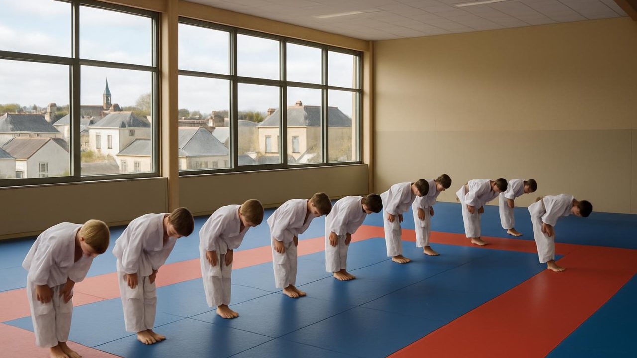 Enfants en kimono qui saluent sur les tatamis du nouveau dojo