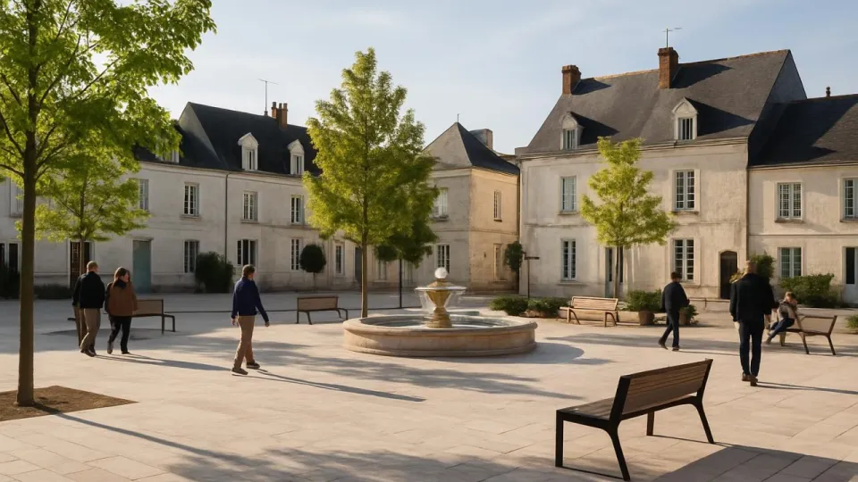 Place rénovée en pierre claire, jeunes arbres, bancs et fontaine