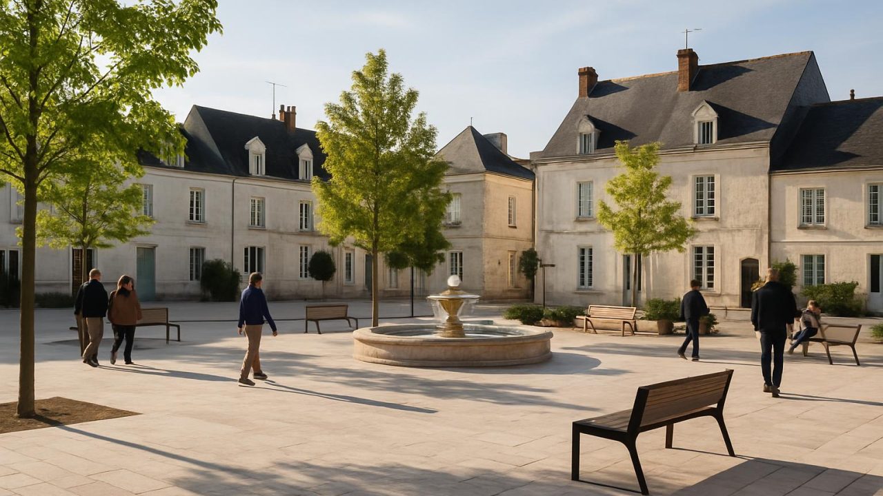 Place rénovée en pierre claire, jeunes arbres, bancs et fontaine