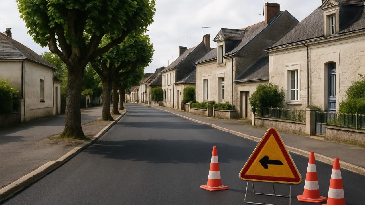 Rue des Tilleuls à l’enrobé neuf, panneau de déviation et cônes de chantier